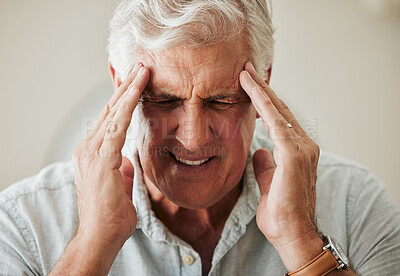 Buy stock photo Senior man, suffering with headache pain from stress and painful head migraine. Elderly people at risk for mental health problems like anxiety and depression or loneliness from old age in retirement 