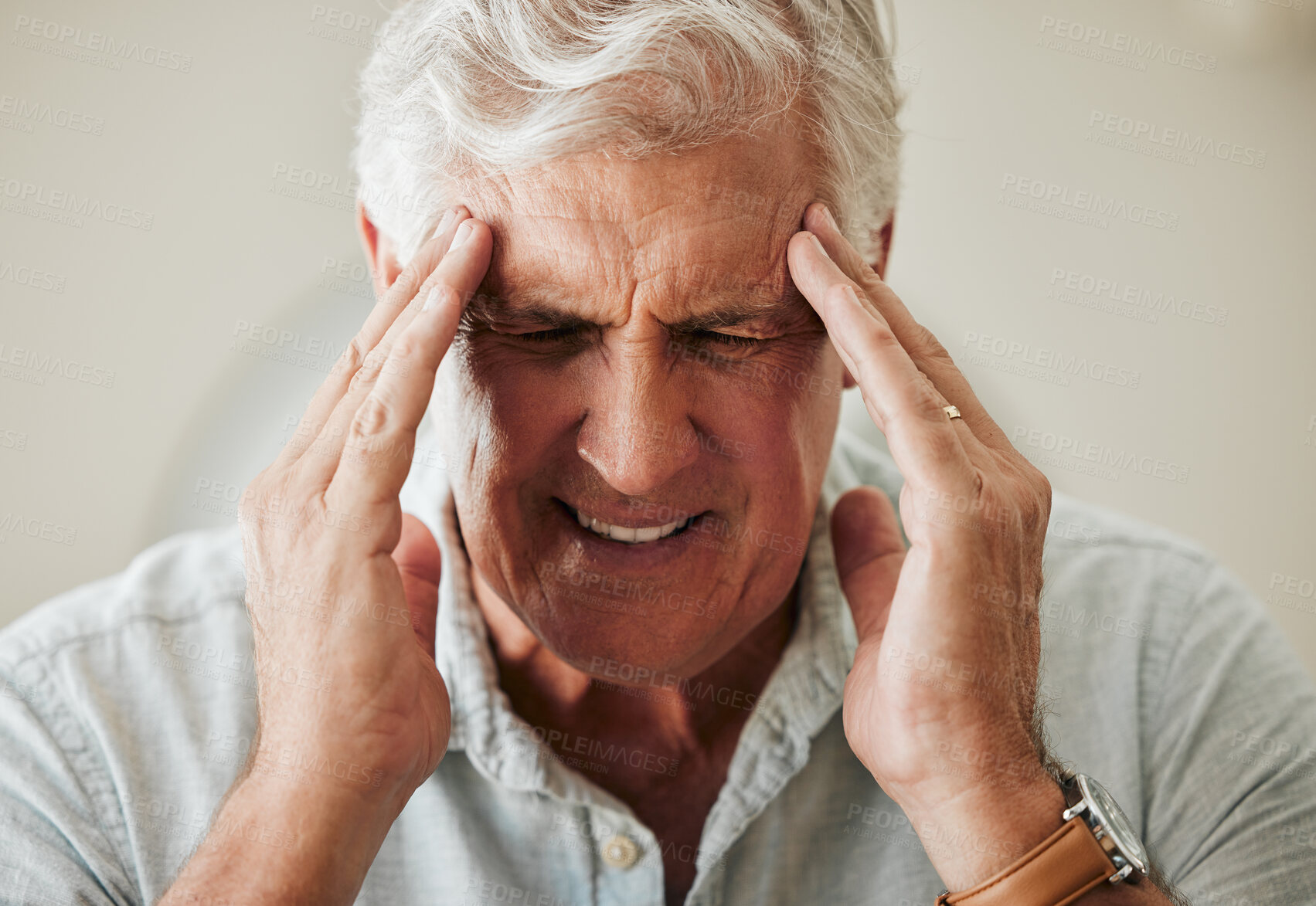 Buy stock photo Senior man, suffering with headache pain from stress and painful head migraine. Elderly people at risk for mental health problems like anxiety and depression or loneliness from old age in retirement 