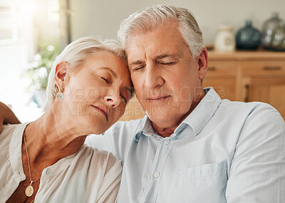 Buy stock photo Sad senior couple with depression over loss in family, depressed and upset with life problem. Mental health, anxiety and grief for elderly man and woman in emotional pain together in home living room
