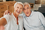 Happy old couple, selfie and hug in living room spending quality time together. Love, retirement and portrait of elderly, romantic man and woman at home laughing, bonding or care with smile in house
