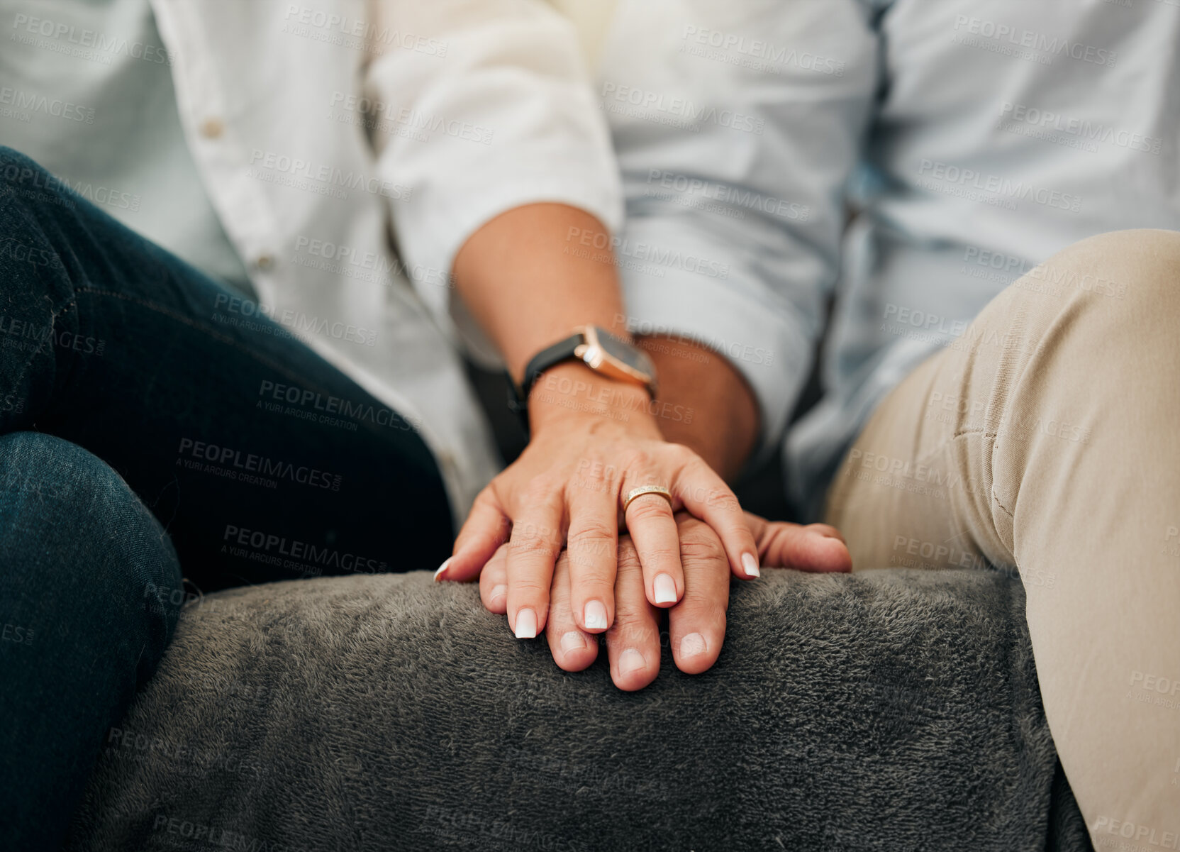 Buy stock photo Marriage couple holding hands in counseling for support, mental health and care with zoom on sofa together. Love, trust and help with people in consultation for depression, family or divorce problem