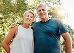 Old couple, hug and nature portrait smile outdoors, park or outside on break after running, walk or exercise. Health, workout and elderly man and woman, walking or spend quality fitness time together