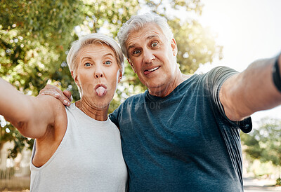 Buy stock photo Fitness senior couple with selfie and outdoor hiking, exercise or workout together for healthy, wellness or retirement lifestyle. Crazy, adventure park training with elderly people in nature portrait