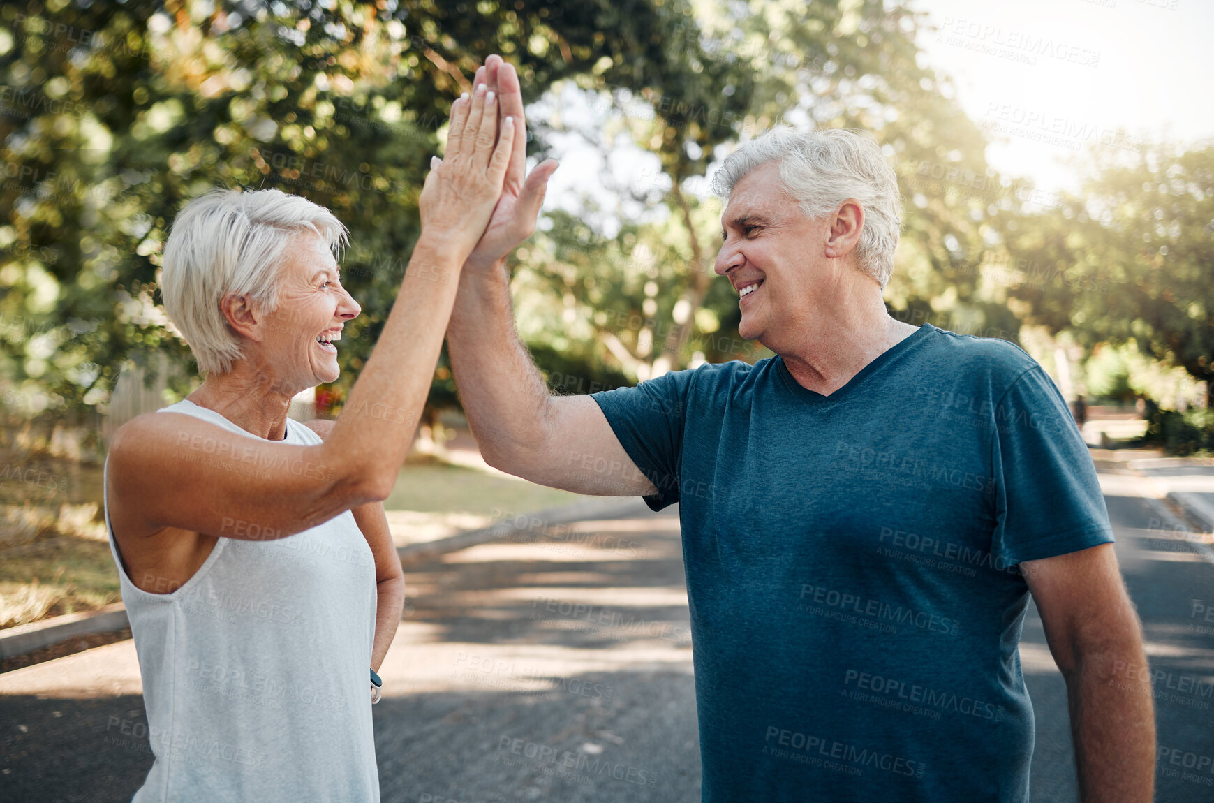 Buy stock photo High five, success or senior couple fitness in running workout, exercise or training in nature park or Canada garden. Smile, happy or sports teamwork gesture for retirement man and woman health goals