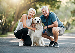 Happy senior couple, walking dog in the park and smile together while giving their golden retriever exercise in nature. Healthy pets need people to give love, attention and behavior training outside 