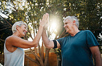 Fitness senior couple high five for support, teamwork and exercise motivation with sunshine, outdoor exercise and wellness. Success, achievement or target goal of elderly people for workout results