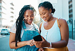 African woman friends with smartphone in urban city reading social media post, check location on digital app or internet search for youth lifestyle. Teenager couple on 5g cellphone chat or networking