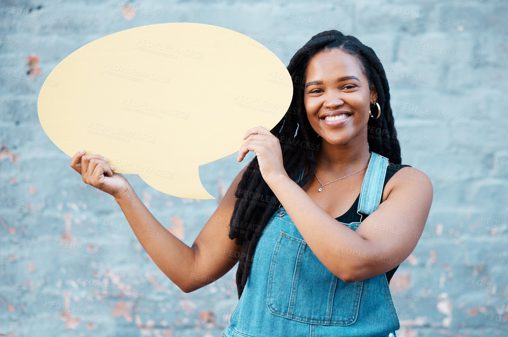 Buy stock photo Feedback, social media and idea with black woman and speech bubble with mock up for review, vote and survey. Design, news and network with young girl and communication, contact and voice icon