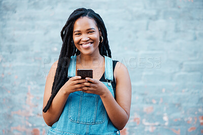 Buy stock photo Happy black woman, portrait smile and phone in communication, texting and social media outdoors. African female smiling for 5g connection in Canada on mobile smartphone messaging in happiness outside