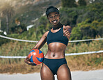 Volleyball, beach and black woman thumbs up for success, fitness winner and summer sports motivation, goal and wellness in Brazil. Happy portrait athlete celebrate, yes and like emoji for achievement