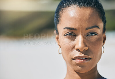 Buy stock photo Beauty, face and empowerment with a free black woman outdoor for freedom and human rights. Skin, portrait and proud with a young empowered female standing outside for justice, hope and activism