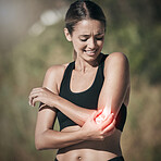 Workout woman and elbow pain from injury in joint and physical trauma from intense exercise. Athlete girl with painful, injured and broken bone from fitness training holding arm for support.


