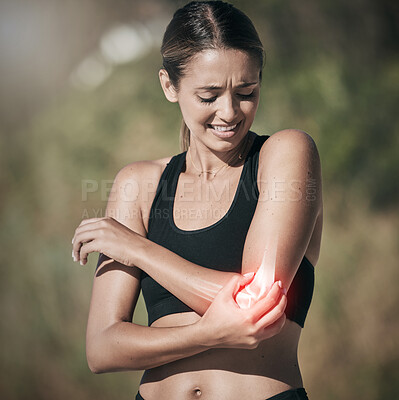 Buy stock photo Workout woman and elbow pain from injury in joint and physical trauma from intense exercise. Athlete girl with painful, injured and broken bone from fitness training holding arm for support.

