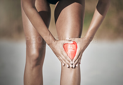 Buy stock photo Woman, knee pain and 3d injury in fitness exercise, training and health workout in nature park or countryside garden trail. Zoom, hands and sports runner with risk emergency and medical leg accident