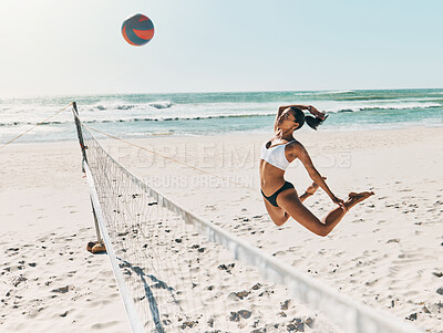 Buy stock photo Black woman, beach and volleyball for fitness, health and exercise on vacation in summer. Girl, sports or ocean play with ball on sand to workout for wellness in sunshine on holiday in Cancun, Mexico