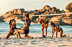 Volleyball, beach and winner with a friends team in celebration of a win on the sand during summer. Teamwork, motivation and competition with sports woman by the sea or ocean for a partner game