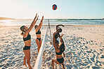 Volleyball, team sports and women on the beach during group holiday together in Miami in summer. Happy, excited and young friends playing sport game in bikini by the sea on vacation with energy