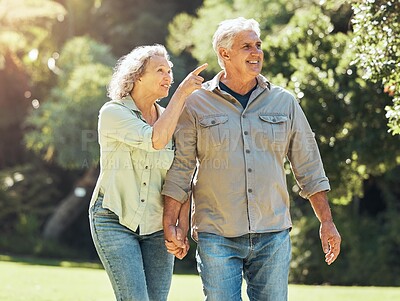 Buy stock photo Senior couple, outdoor and conversation in nature park and active on hiking adventure or walk for love, relax and fresh air. Happy old man and woman outside in a healthy relationship in retirement