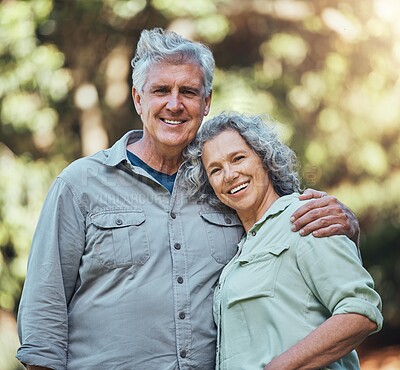 Buy stock photo Senior couple, love and hug in nature together for support, care and smile in outdoor park. Portrait of joy, happiness and elderly man and woman happy in retirement, romance and quality time outside