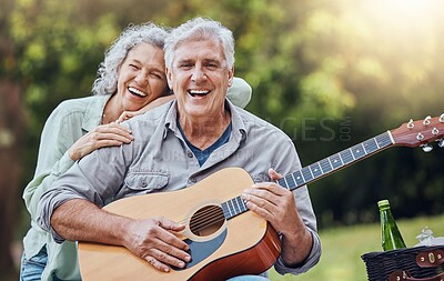 Buy stock photo Couple, guitar and picnic with a senior man and woman in nature with a smile and music for fun. Happy, retirement and love with an elderly male and female pensioner in a park with an instrument
