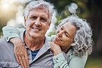 Senior, couple and marriage mindset of happy smile of people in nature with a hug. Happiness of a elderly woman and man portrait together enjoying retirement, love and quality time smiling outdoor