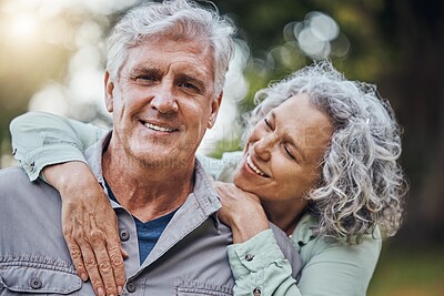 Buy stock photo Senior hug, couple and marriage love in nature with a happy smile of people. Happiness of a elderly woman and man portrait together enjoying retirement, romance and quality time smiling outdoor