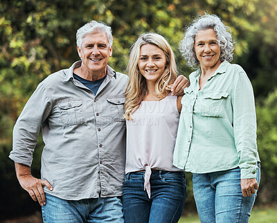 Buy stock photo Portrait of mother, father and woman in park on hioliday in Australia together in summer. Happy, relax and love of parents for adult child on vacation in a green garden with family in nature