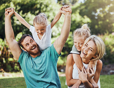 Buy stock photo Love, happy and family playing in a park, laugh and relax while having fun together. Freedom, kids and caring parents embracing and enjoying quality time with fun game outdoors, cheerful and positive