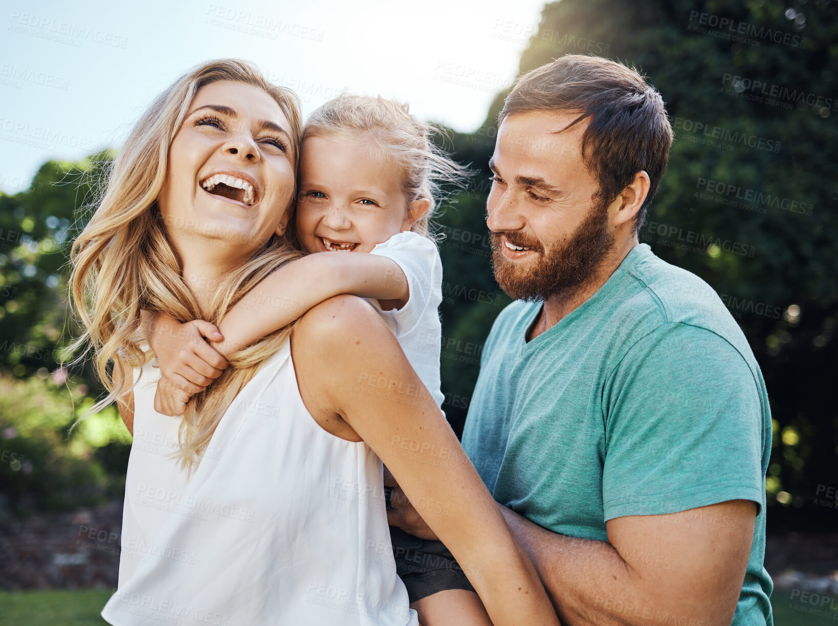 Buy stock photo Family, child and outdoor fun in nature with girl, mother and father at park playing and laughing on an adventure. Girl kid or daughter of happy man and woman parents outdoor to play piggy back game