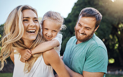 Buy stock photo Love, happy family and summer nature with child bonding together with young parents in the usa. Piggyback ride with american mother and father enjoying leisure break with cute daughter in park.
