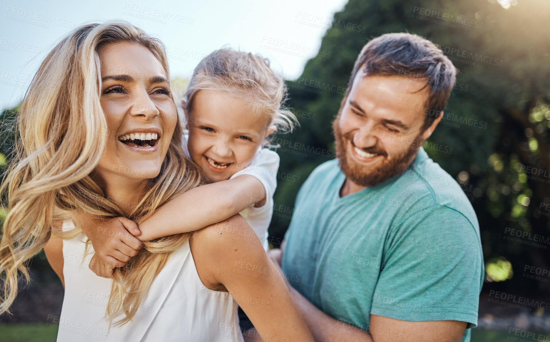 Buy stock photo Love, happy family and summer nature with child bonding together with young parents in the usa. Piggyback ride with american mother and father enjoying leisure break with cute daughter in park.
