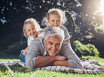 Buy stock photo Grandfather, children and portrait of family in the park together with smile during summer in Australia. Girl kids and senior man playing, happy and having fun in a green garden in nature with care