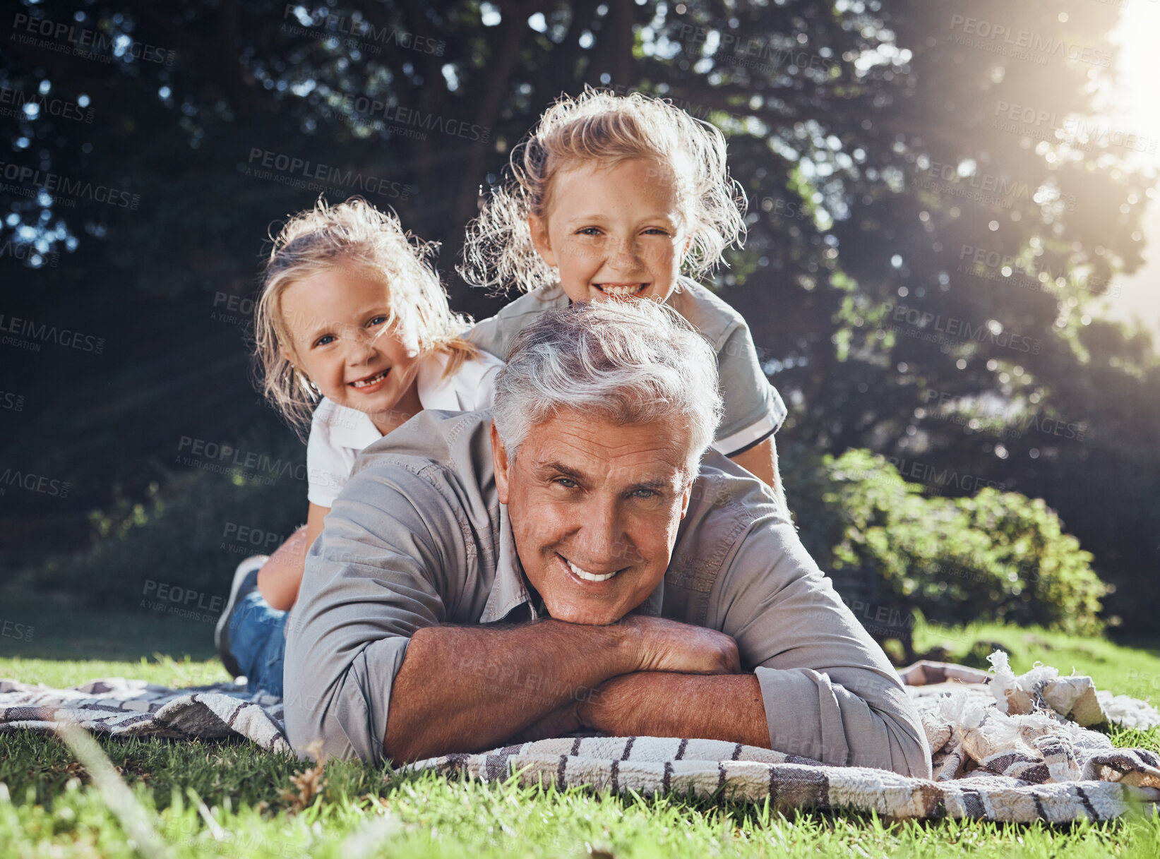 Buy stock photo Grandfather, children and portrait of family in the park together with smile during summer in Australia. Girl kids and senior man playing, happy and having fun in a green garden in nature with care