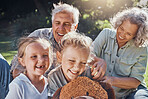 Family, children and love with a girl, grandparents and sister outdoor in a nature park for fun and adventure. Kids, park and picnic with an elderly male, female and grandchildren laughing outside