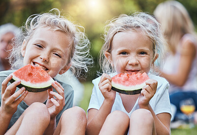 Buy stock photo Children, watermelon and friends on a picnic in nature eating healthy fruit in a fun portrait outdoors in summer. Smile, girls and young sisters enjoying happy family holidays at a park in Australia