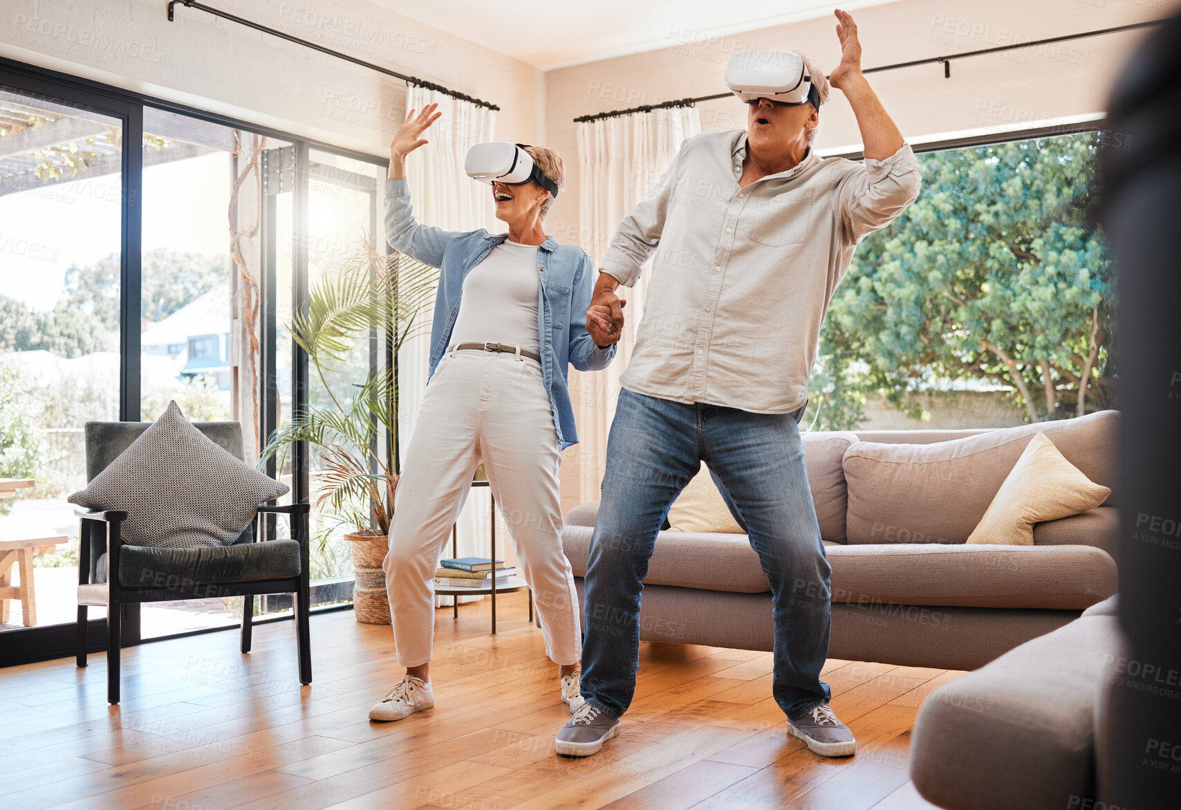 Buy stock photo VR experience, senior couple and living room metaverse video games innovation, digital fantasy and cyber connection. Crazy man, happy woman and excited people with virtual reality futuristic glasses