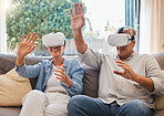 Couple, VR and retirement on sofa,  gaming, web and laugh in home living room. Elderly man, woman and glasses for virtual reality do esports for fun in house with tech, smile and futuristic 3D games
