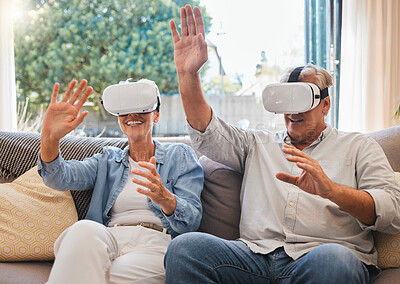 Buy stock photo Couple, VR and retirement on sofa,  gaming, web and laugh in home living room. Elderly man, woman and glasses for virtual reality do esports for fun in house with tech, smile and futuristic 3D games