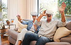 Virtual Reality, excited and senior couple with vr 3d goggles have fun, crazy and play digital game. Metaverse experience, esports simulation and elderly retirement man and woman with futuristic tech