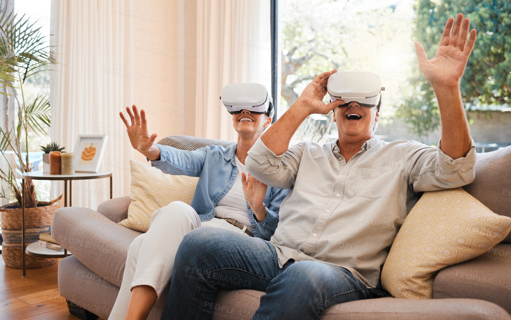 Buy stock photo Virtual Reality, excited and senior couple with vr 3d goggles have fun, crazy and play digital game. Metaverse experience, esports simulation and elderly retirement man and woman with futuristic tech