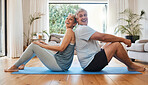 Exercise, living room and happy senior couple stretching together on yoga mat on the floor. Fitness, pilates and elderly people with health, happiness and wellness lifestyle doing workout at home.