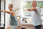 Yoga, fitness and senior couple doing home workout, training and wellness exercise in the living room together. Smile, old man and happy woman enjoying pilates and stretching in a healthy retirement