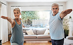 Yoga, workout and senior couple doing exercise in their home to keep active. Old woman and man doing fitness training in their living room. Healthy lifestyle, wellness and stretching after retirement