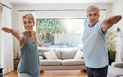 Buy stock photo Yoga, workout and senior couple doing exercise in their home to keep active. Old woman and man doing fitness training in their living room. Healthy lifestyle, wellness and stretching after retirement