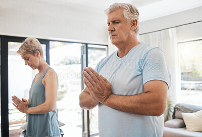 Buy stock photo Fitness, meditation and senior couple doing pilates exercise for mind and body wellness in living room. Retirement, namaste and elderly man and woman with zen, calm and health lifestyle doing yoga.