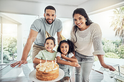 Buy stock photo Happy, smile and portrait of a family at birthday celebration with cake, candles and fun hats at home. Happiness, excited and children celebrating with their parents at a party in their modern house.