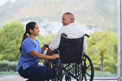 Buy stock photo Disability healthcare, doctor and senior patient with support from medical nurse in a wheelchair. Disabled elderly man consulting with a happy nurse or caregiver after an accident in a nursing home