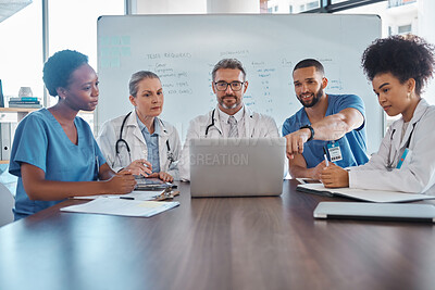 Buy stock photo Hospital teamwork, laptop and healthcare planning, medical analytics and wellness collaboration of doctors, nurse and surgeon in meeting. Diversity, training or clinic workers consulting online tech