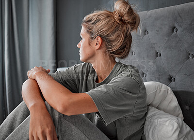 Buy stock photo Depression, thinking and sad girl on bed alone and mental health mindset with anxiety problem in home. Young woman in mental isolation from fear, worry and stress about thoughts or idea in mind