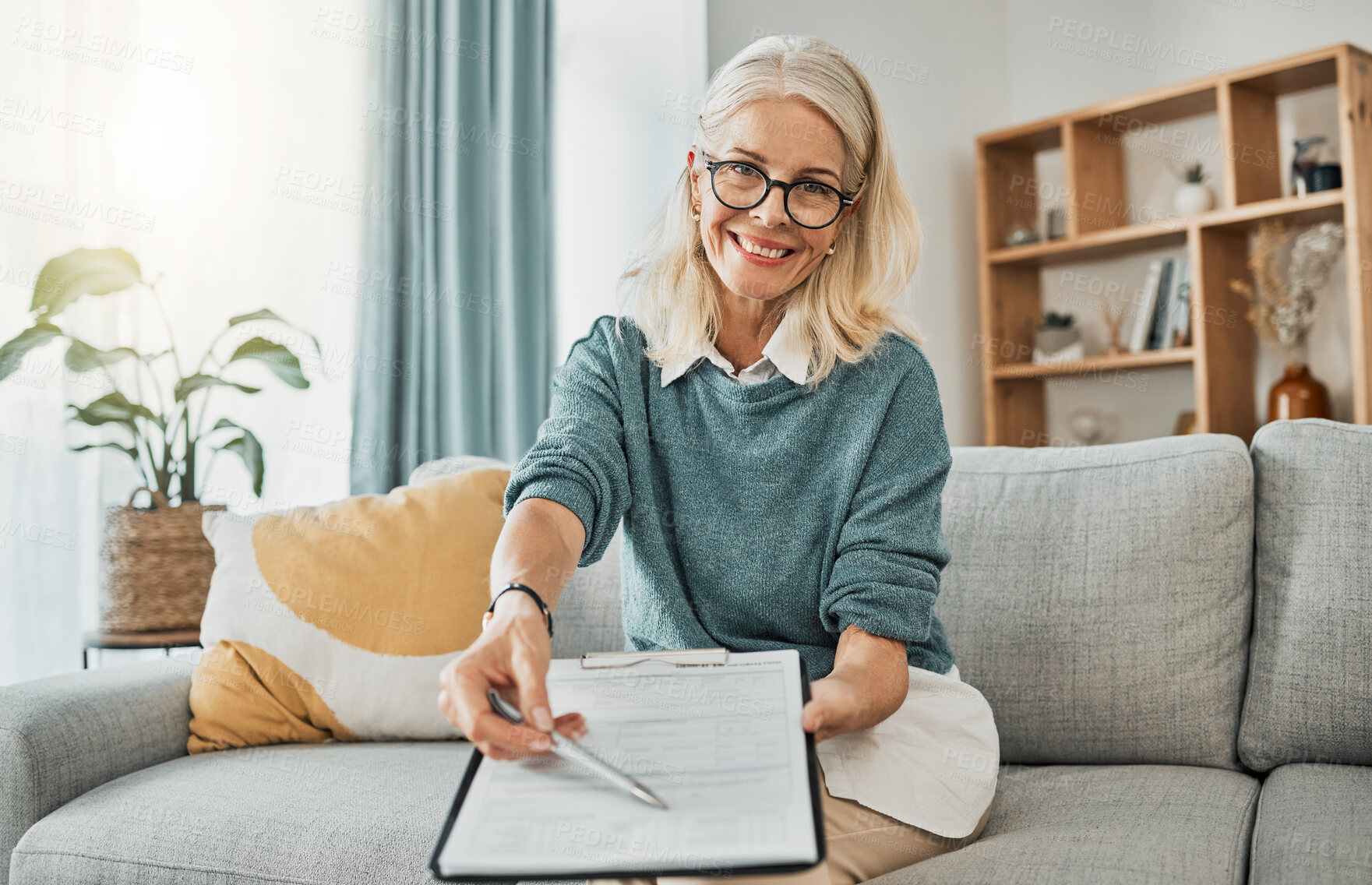 Buy stock photo Therapy documents, consultation and senior psychologist consulting with paperwork in office at a clinic. Portrait of a mature healthcare therapist asking for signature on contract during counseling